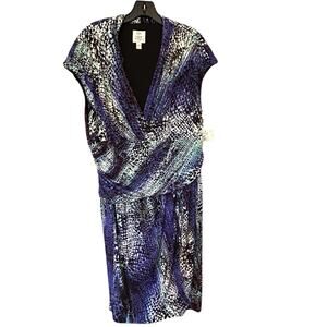 Suzi Chin Maggy Boutique V-Neck Purple Black White Faux Wrap Ruched Dress Sz 14W
